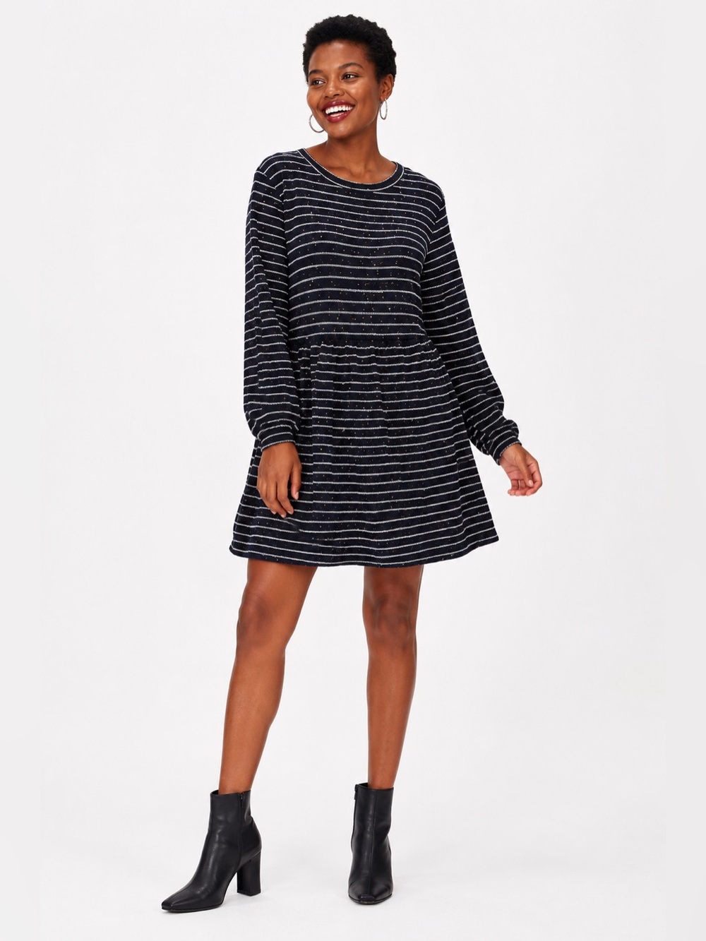 LOFT Textured Speckled Stripe Babydoll Dress Button Back Long Sleeve Knit Mini X